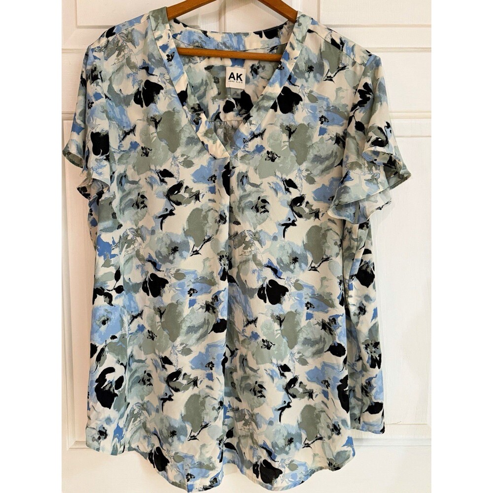 Anne Klein Women's 2X Chiffon V-Neck Flutter Sleeve Floral Ruffle Blouse